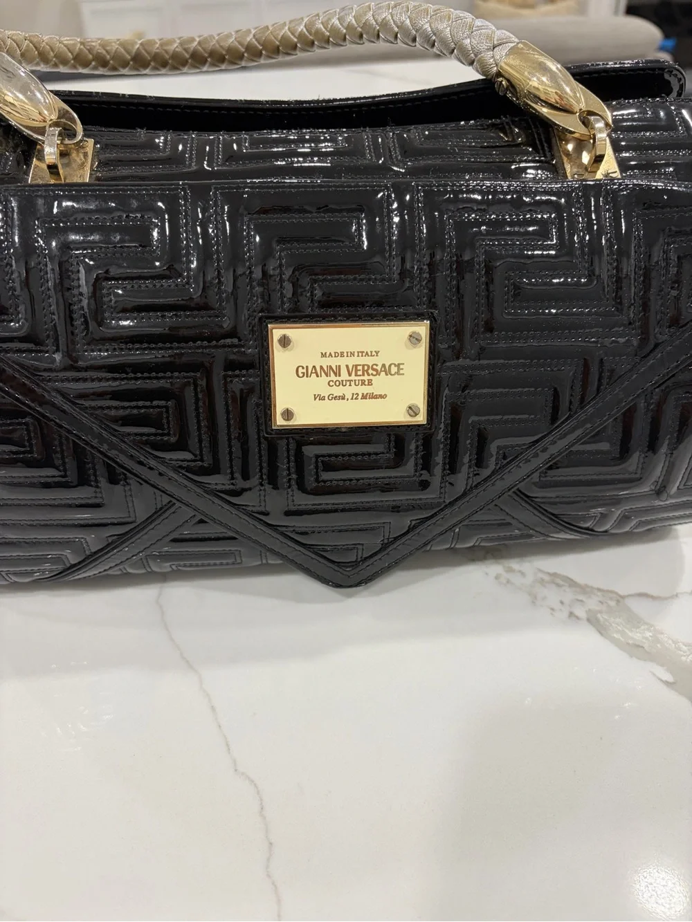 Versace Black Patent Leather Braided-Handle Satchel with Gold Plaque